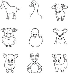 Fototapeta premium Animals Line Icons Set with Horse, Chicken, Cow, Dog, Lamb, Goat, Bear, and Pig Faces in Doodle Style