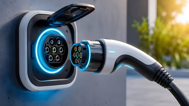 EV charging plug near illuminated wall socket, smart electric vehicle connector for renewable mobility infrastructure