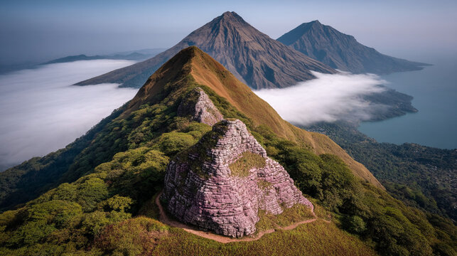 Aerial landscape view of lush green mountain peaks above clouds and sea with mountain