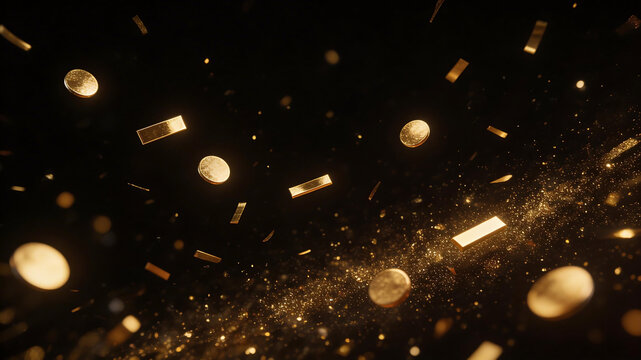 Golden coins and glitter in motion ideal for sleek commercial backgrounds and title sequences