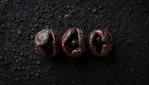 Three dried oak galls split open exposing inner seeds on a dark textured volcanic sand background.