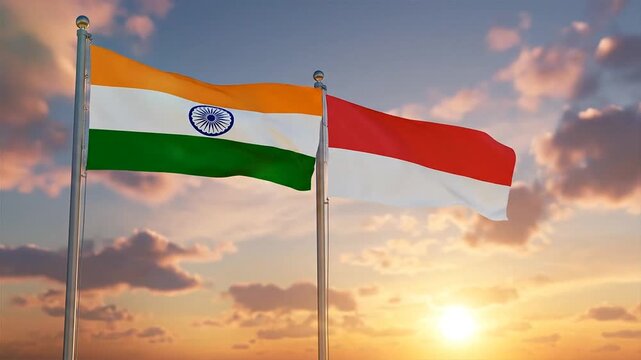 Indian and Indonesian flags waving at sunset with cloudy sky