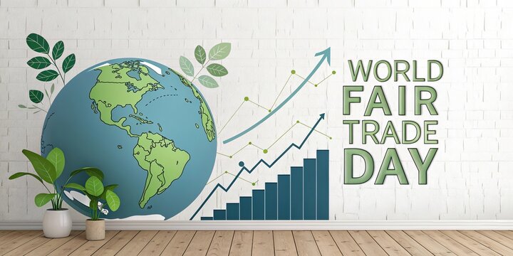 World fair trade day globe and growth chart on desk sustainable economy concept