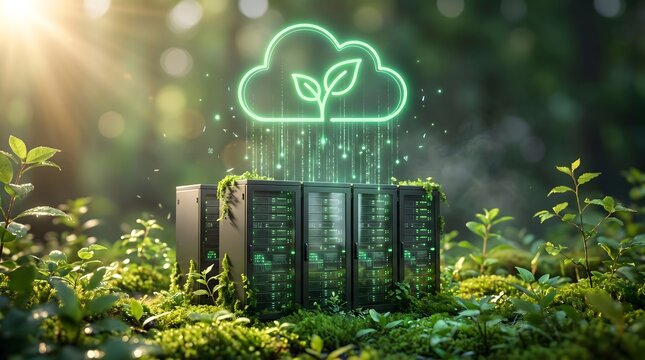 Green cloud computing concept with server racks in forest, leaf icon and sustainable data infrastructure