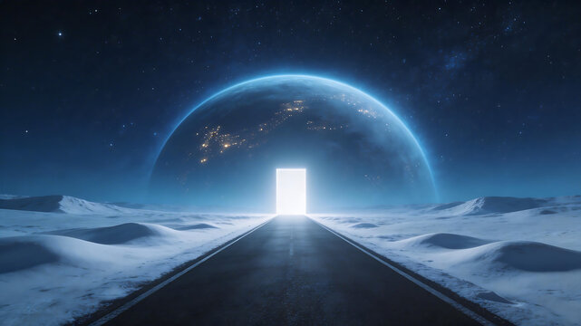 Road leading to glowing portal with planet in sky for outdoor lifestyle brands and nature documentaries