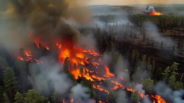 Aerial view of a fast spreading forest wildfire with thick smoke and flames consuming trees and vegetation