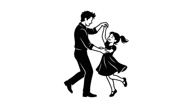 Father and Daughter Dancing Together, Black and White Silhouette