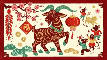 Fototapeta premium Year of the Goat 2027, Cute Lunar Goat Celebration, Chinese Zodiac Goat 2027, Celebrating the Year of the Goat in Zodiac Art