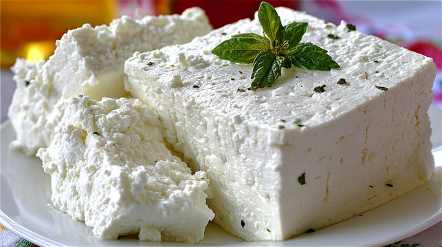 Cubed white cheese topped with fresh green mint and cracked black pepper, appetizer
