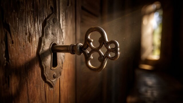 motes. An antique key turning in an old wooden door lock, dust motes in a beam of light. real-estate listings.