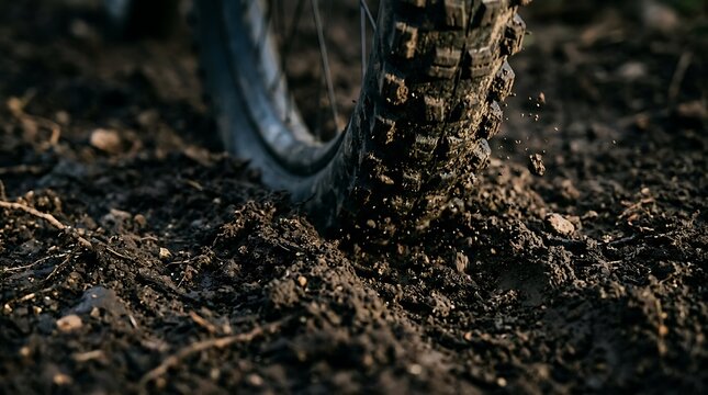 Mountain bike tire kicking up dirt on a muddy trail