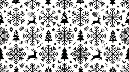 Winter Snowflake Pattern with Trees and Reindeer Motifs for Graphic Design Use. © pixmastock