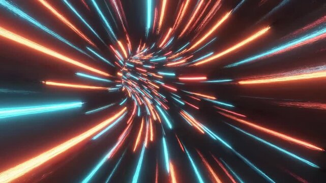 Futuristic warp speed motion graphic featuring neon red and blue light streaks traveling through a dark wormhole tunnel at hyper speed