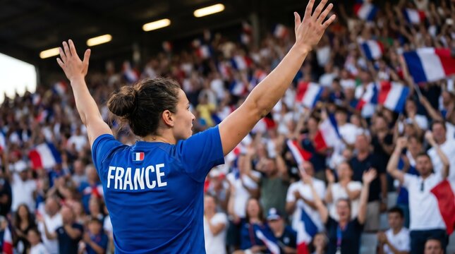 A jubilant athlete raises her arms in victory, celebrating a triumphant moment with a roaring crowd waving national flags at an exhilarating sports event