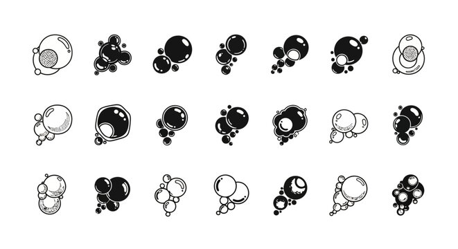 Abstract set of black and white bubble illustrations, isolated