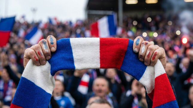 Passionate sports fan proudly displaying a red, white, and blue scarf with painted hands amidst a cheering stadium crowd, embodying unity and excitement
