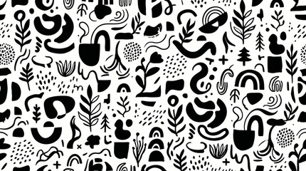 Monochrome pattern featuring abstract animal silhouettes and botanical motifs in a seamless decorative design.