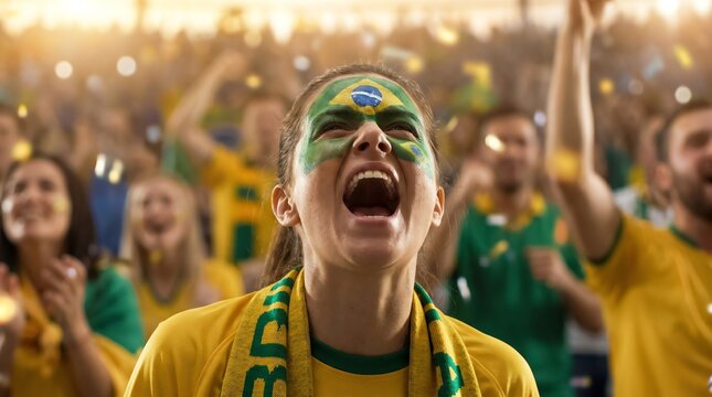 Ecstatic Brazilian fan screams in jubilation while cheering for her team at a sporting event, painted face and confetti in the air