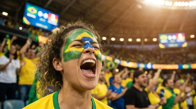 Brazilian soccer fan passionately cheers her team on during an exciting match in a crowded stadium, face painted with national colors