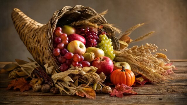 sheaves. A woven cornucopia overflowing with apples, grapes, and wheat on a wooden table. menu design, packaging mockups, designed for food delivery and cloud-kitchen brand materials.