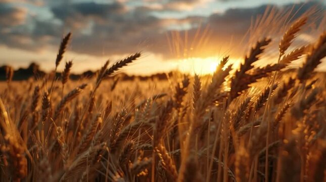 Golden wheat crops blowing in the summer breeze close up focus on stalks swaying in the field under