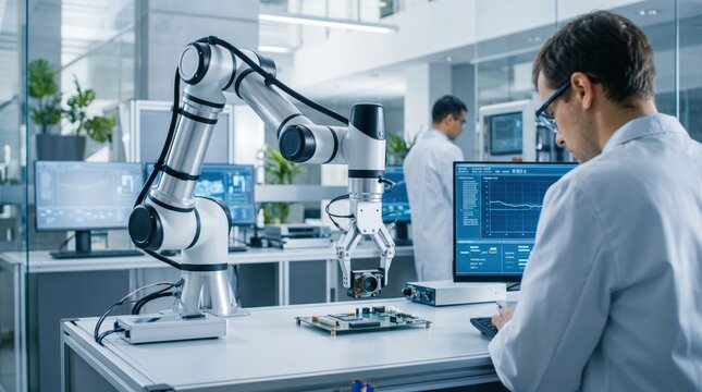 Engineer working on robotic arm automation in high-tech laboratory, programming industrial robot for manufacturing and artificial intelligence development