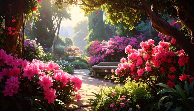 A vibrant, sun-dappled garden scene with profuse pink blooms, a stone path, a distant bench, and lush greenery
