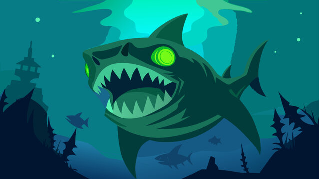 A menacing shark with glowing eyes emerges from the deep ocean