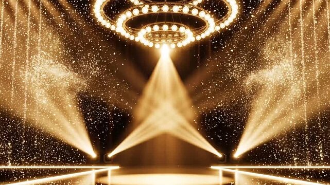 Elegant golden stage background with sparkling pyrotechnics and cinematic spotlight illumination for luxury award ceremony