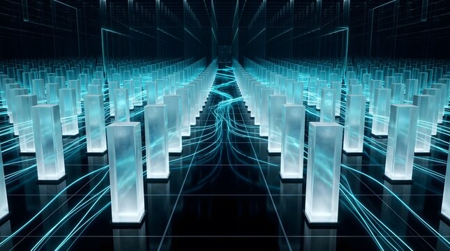 Abstract digital grid with glowing blue light pillars and data lines