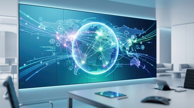 Futuristic holographic world map displaying global network connections and data flow, digital earth concept with glowing lines representing international communication