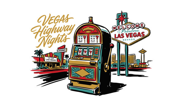 Vintage retro Las Vegas slot machine and iconic welcome sign, mid-century graphic illustration for apparel design and travel souvenirs