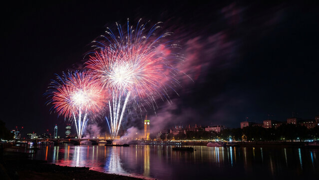 Independence Day Fireworks Over River With City Lights