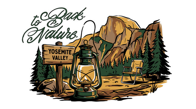 Vintage Yosemite Valley camping scene with lantern and Half Dome, retro graphic illustration for t-shirt design and national park branding.