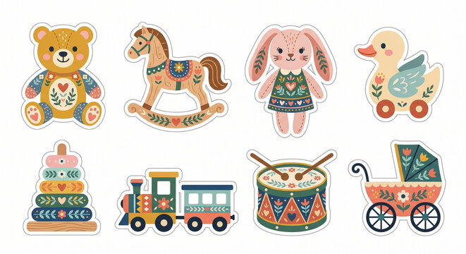 One page with 8 separate baby toy illustrations, Scandinavian folk art style