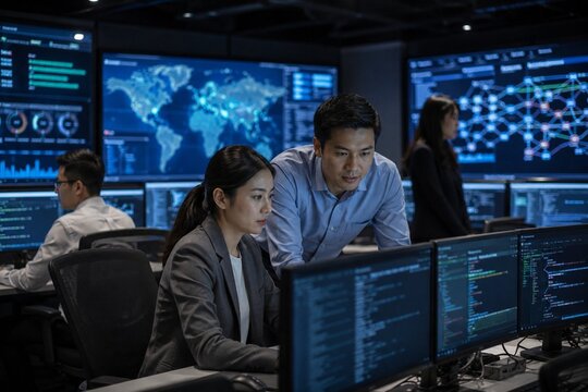 Asian IT Professionals Working in Technology Operations Center with Global Network Monitoring Dashboard
