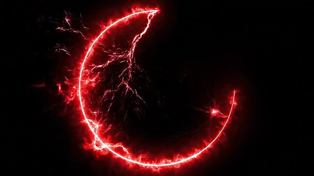 Glowing red electric circular energy frame with lightning sparks on a black background