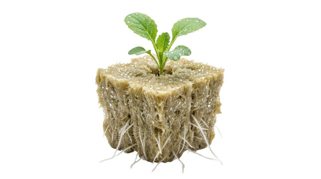 Young plant seedling growing in a rockwool cube isolated on transparent background
