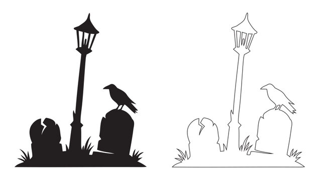 Spooky Halloween Cemetery Graveyard Tombstones With Vintage Street Lamp Post And Perching Raven Silhouette And Line Art Vector Illustration For Creepy Haunted