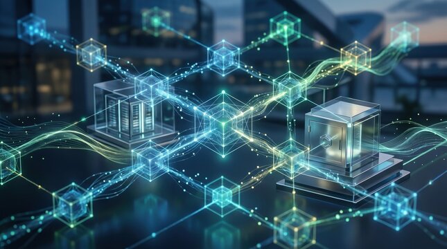 Digital network data security blockchain encryption concept with glowing cubes connecting server and safe vault