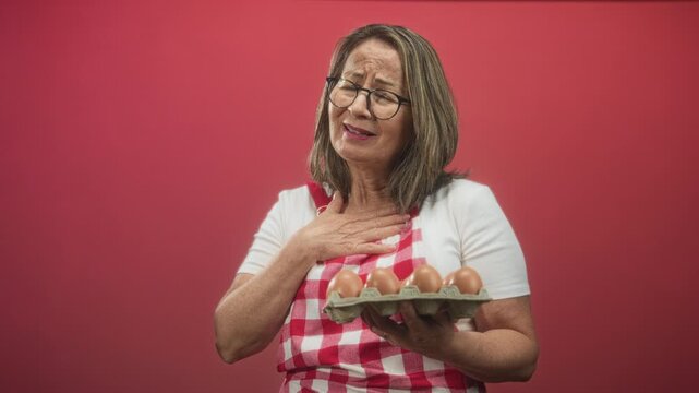 Woman holding an egg carton with hand on chest, wearing apron and glasses against red wall in studio; relief.