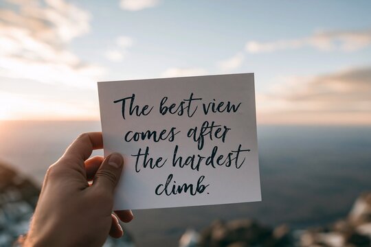 Hand holds note with handwritten message against scenic mountain sunset backdrop. Hand grips white card