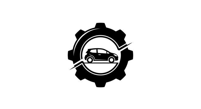 A black silhouette of a car inside a mechanical gear icon on white background