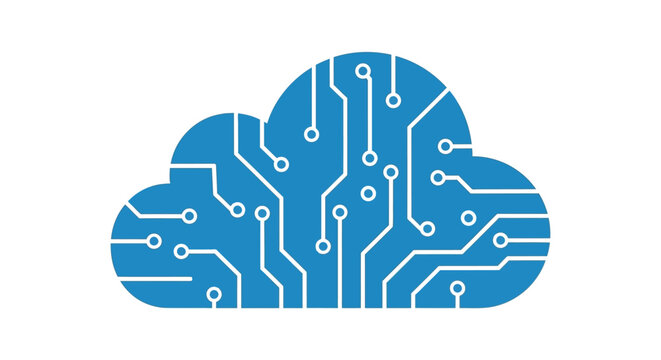 A blue cloud shape featuring an integrated circuit board pattern design