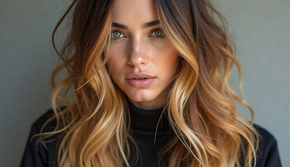 Fototapeta premium Portrait of young woman with long wavy blonde hair in casual black sweater against neutral background