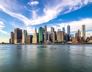 Obraz premium A vibrant shot capturing a city skyline with buildings against a sunny, cloudy sky over water