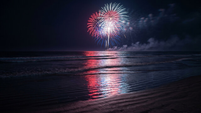 Patriotic Fireworks Over Ocean Beach for Fourth of July Night