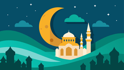A serene night with a mosque under the crescent moon © sumona