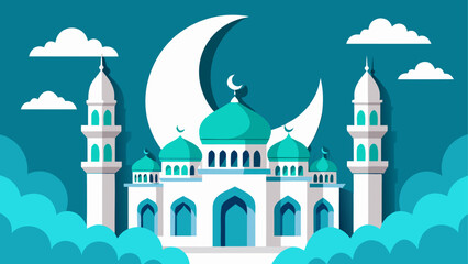 A stunning white mosque under a crescent moon in a serene sky © sumona