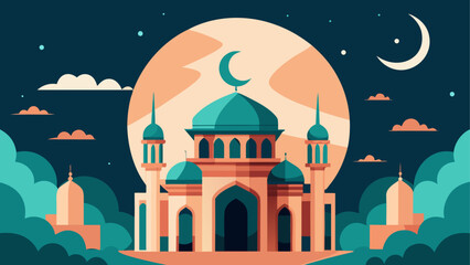 A serene mosque under the glow of a crescent moon at night © sumona